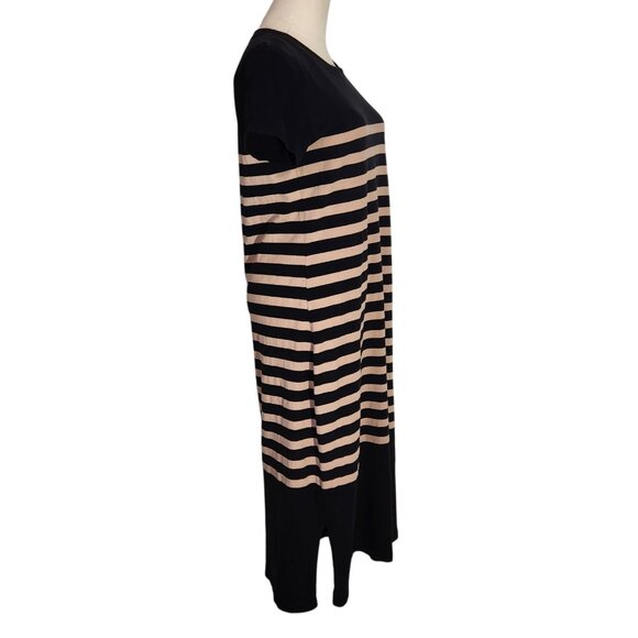 J. Crew Black & Beige Striped Midi Dress Short Sleeve Cotton Womens Size M - Picture 2 of 16